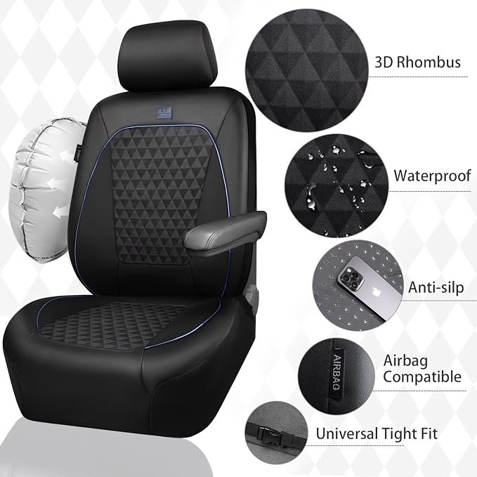 CAR PASS Leather Car Seat Covers Gel Wetsuit PU Full Set Seat Covers Waterproof EVA All Weather Neoprene Universal Fit Pickup SUV Truck Sedan Automotive, Armrest Airbag Compatible, Rhombic Blue Strip