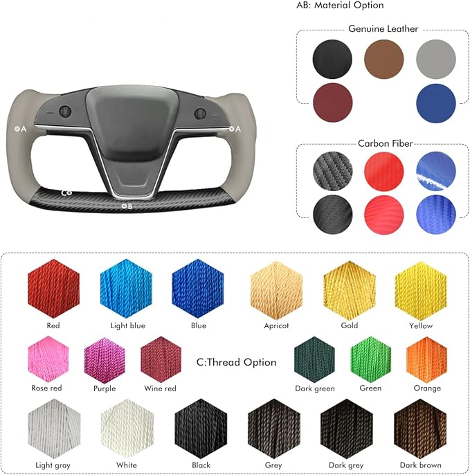 MEWANT DIY Grey Genuine Leather Black Matte PU Carbon Fiber Steering Wheel Wrap for Tesla Model S Plaid Yoke Model X