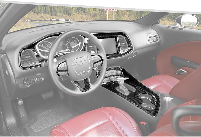 Jimen Fit for Dodge Challenger 2015-2023, 9PCS Carbon Fiber Interior Kits - Center Console Dash Trim Dashboard Cover, Gear Shifter Panel Cover