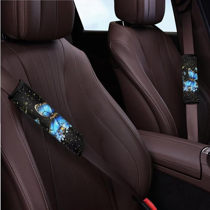 BIGCARJOB Butterfly Car Seat Cover Set - Blue Moon Butterfly Design - Steering Wheel Cover, Seat Belt Pads, Armrest Pad & More - 12 Pcs Car Decorative Accessories
