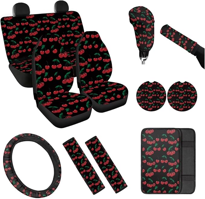 Red Cherry 12 Pack Car Seat Covers Full Set Steering Wheel Cover Car Center Console Cover Protector Cars Seat Belt Covers Hand Brake Cover Universal Fit for Cars SUV