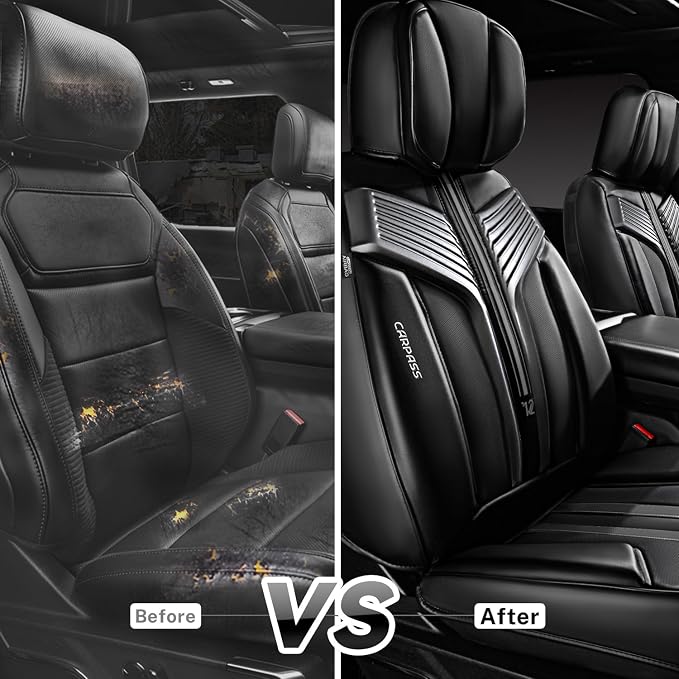 CAR PASS Nappa Leather Car Seat Covers Front Seats, Luxury Cushioned Front Seat Covers, Waterproof Drive Seats Anti-Slip Full Coverage Universal Fit for SUV Truck Sedan Automotive Black (2pcs, Black)