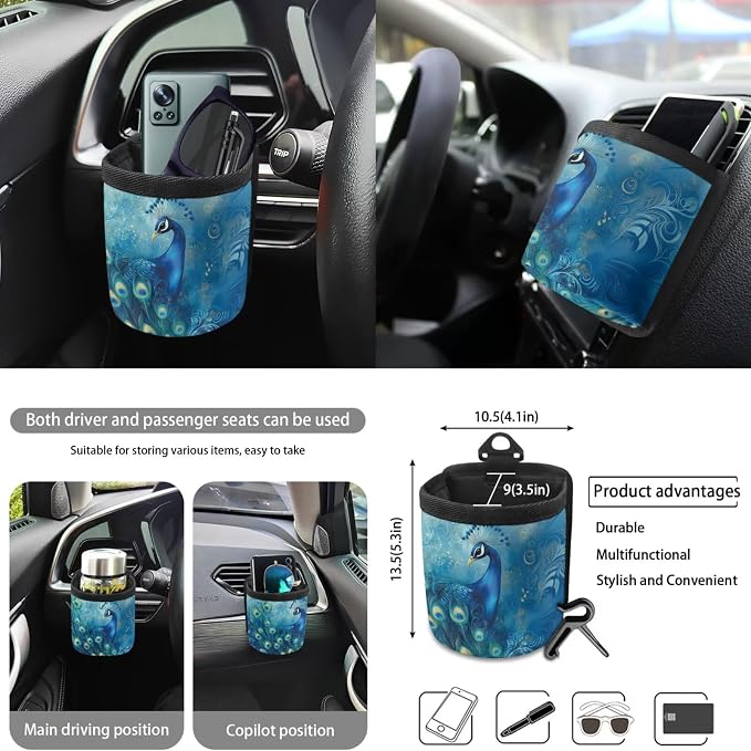 Peacock Floral Print 10 Pcs Car Seat Covers Full Sets, 1 Steering Wheel Cover, 4 Front Rear Seat Covers, 1 Vehicle Garbage Can, 1 Car Air Vent Storage Bag, 2 Cup Coasters, 1 Keychain