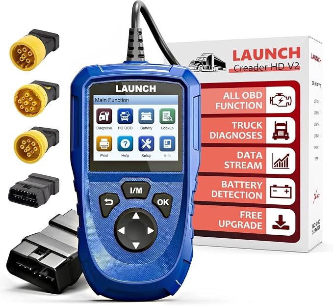 LAUNCH Creader HD V2 Heavy Duty Truck Diagnostic Scanner 2-in-1 HDOBD OBD-II EOBD Code Reader for Freightliner, for Paccar, for International, for Volvo, for Cummins, for Caterpillar HD OBD Scan Tool