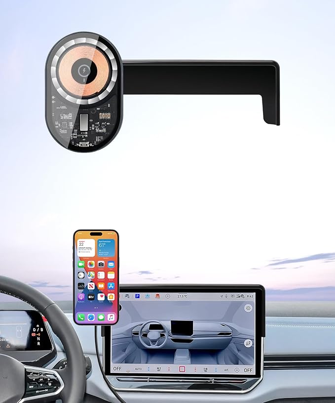 Wireless Charging Car Phone Holder for Volkswagen ID.4 2024-2026 / ID.Buzz 2025-2026, 12.9" Screen Fixed Clip, 360° Rotation Car Phone Mount Compatible with MagSafe