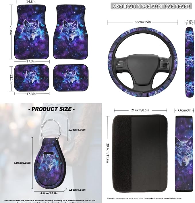 18 Pcs Wolf Butterfly Print Car Accessories Set Car Seat Covers Auto Steering Wheel Cover Floor Mats Seat Belt Pads Armrest Pad Covers Roof Handle Wraps Cup Coaster Keychain