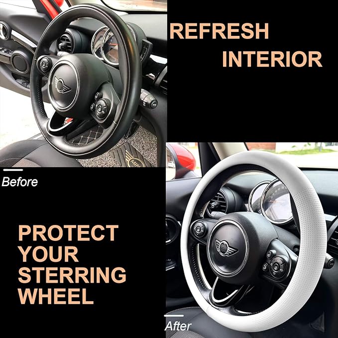 PINCTROT Nappa Leather Steering Wheel Cover, Slim Fit No Bulk Design, One Piece Leather with Breathable Perforation, Fit Like Gloves, Universal 14.5-15 Inch(Nappa White)