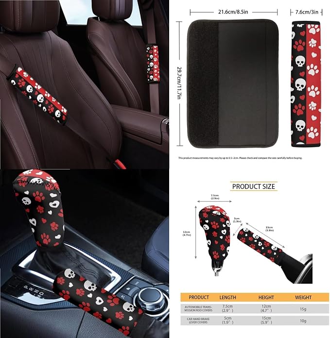 Skull Love Print Car Seat Covers Full Set Dog Paw Print Car Seat Covers Front and Back Full Set with Steering Wheel Cover Armrest Cushion Safety Belt Pads Garbage Bag Cup Coasters
