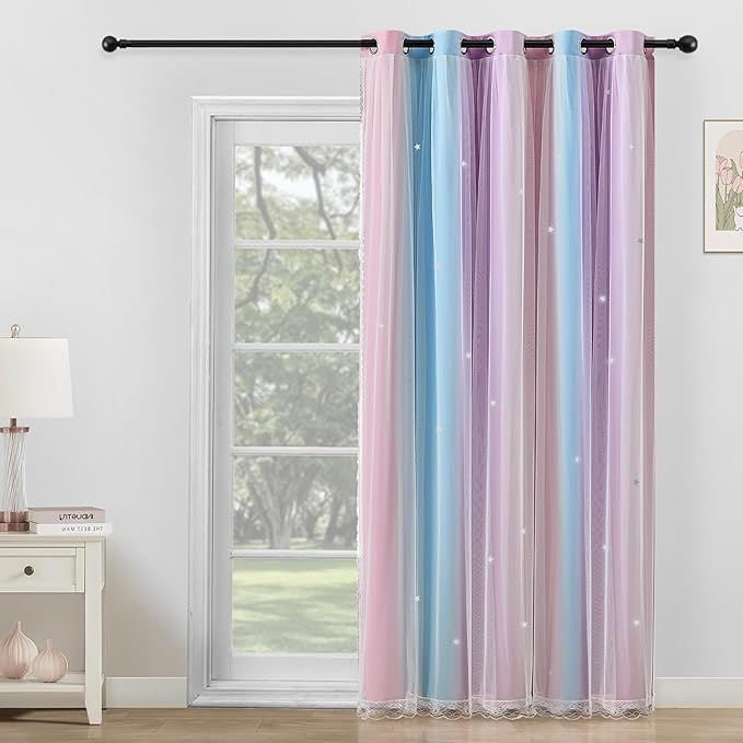 Extra Wide Curtains 84 Inches Long for Girls Bedroom Sliding Glass Door Kids Blackout Curtains for Nursery Room Darkening Rainbow Princess Unicorn Wall Decals 1 Panel 70 Inch Wide Pink Purple 70Wx84L