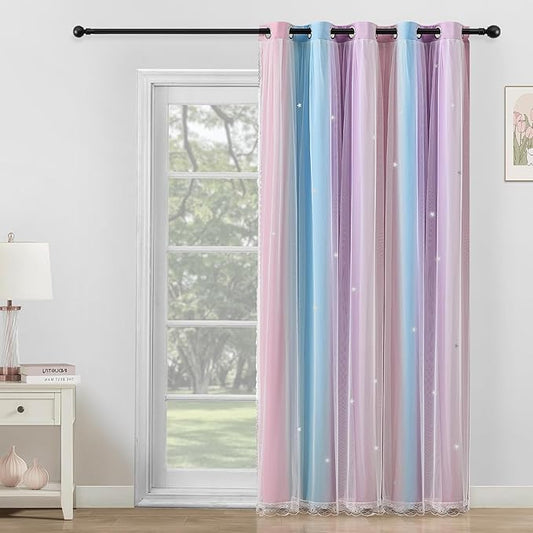 Extra Wide Curtains 84 Inches Long for Girls Bedroom Sliding Glass Door Kids Blackout Curtains for Nursery Room Darkening Rainbow Princess Unicorn Wall Decals 1 Panel 70 Inch Wide Pink Purple 70Wx84L