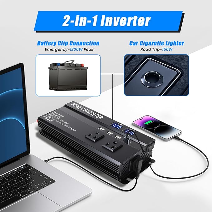 1200W Peak Power Inverter, Inverter 12v to 110v with Fast Charging 2.4A USB and 3 AC Outlets Ideal,Power Converter Car for Road Trips, Camping, Rv, Truck, and Camping Power Needs