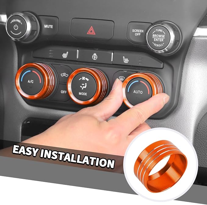 Jimen for Ram Center Console Knob Covers, 7PCS AC Air Conditioner Audio Volume Button & Headlight Switch & 4WD Shifter Knob Ring Trim Fit for Dodge Ram 2018-2025 (Orange)