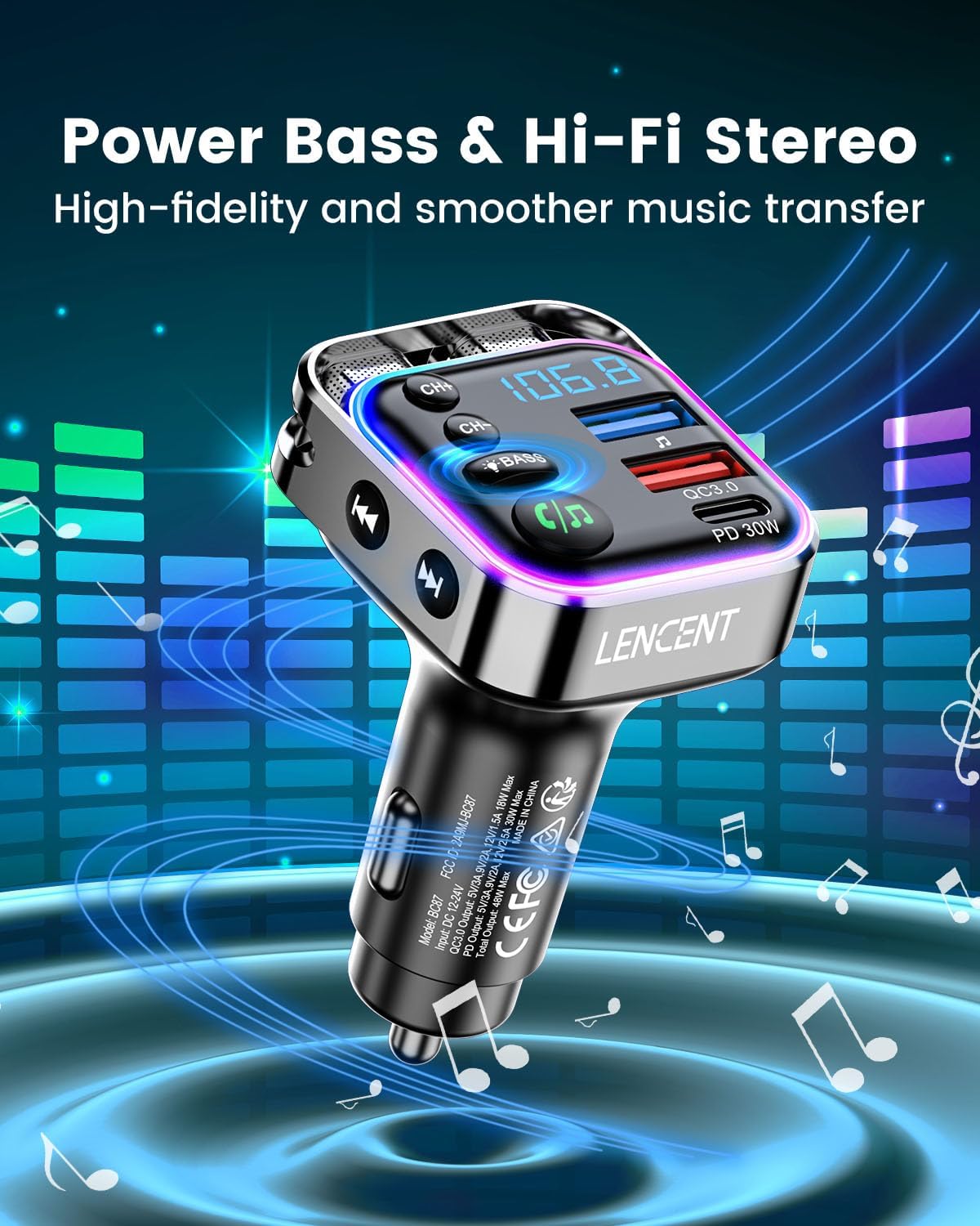LENCENT Bluetooth 5.3 FM Transmitter Car Adapter 48W (PD30W & QC18W) Fast Charger, Light Switch, HiFi Bass Sound Audio Receiver Wireless Radio MP3 Music Player, Hands-Free Calling, Support USB Drive
