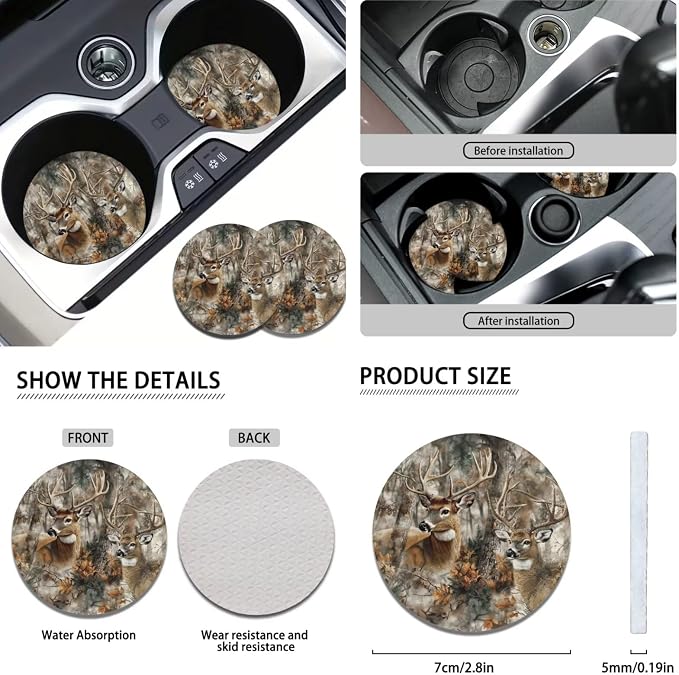 KEIAHUAN Camo Deer HuntingCar Seat Covers Full Set Front Rear Seat Covers Steering Wheel Cover Coasters Headrest Cover Gear Shift Knob Cover & Handbrake Cover 11 PCS