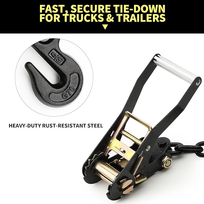4 Pack Tire Tie Down Straps for Trailers – 2" x 96" Lasso Wheel TrailerRatchet Straps with Chain Anchors, Heavy Duty 9900 lbs Break Strength,UTV, SUV, Truck Trailer Hauling, Yellow