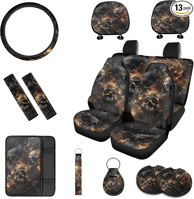 13pcs Flame Skull Print Car Seat Covers with Car Steering Wheel Covers, Armrest Pad Protectors, Seat Belt Covers and Keychain Coasters Universal Fit SUV Truck Cars Women Men Gift