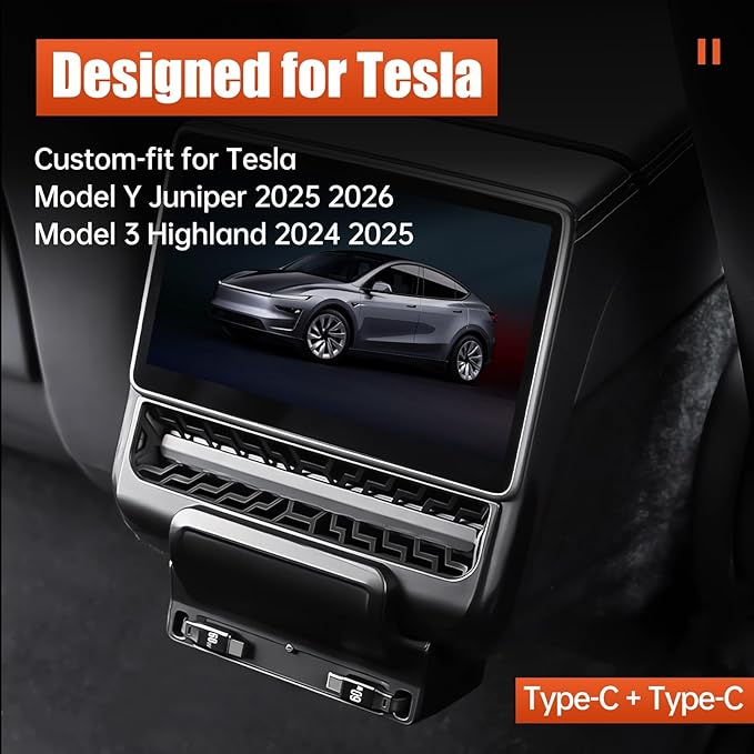 USB Hub for Tesla Model Y Juniper 2025 2026 Model 3 Highland 2024 2025, 120W Dual Type-C Rear Vent Air Outlet Expansion Cover Fast Charger Center Console Docking Station with Retractable Cable