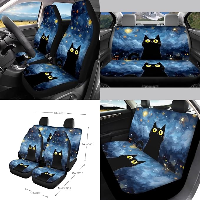 15Pcs Car Seat Cover Full Set Car Steering Wheel Cover Seat Belt Cover Trash Bin Air Vent Storage Box Front Rear View Mirror Car Cup Holder Keychain, Cute Cat Starry Night