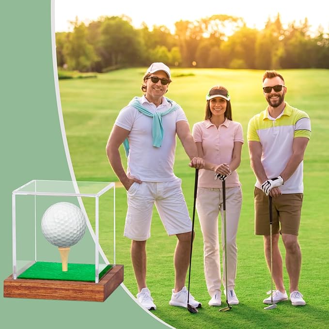 2 Pack Clear Acrylic Golf Ball Display Case with Wood Base & Tee, Memorabilia Stand Cube Holder, Dust Protection Transparent Storage Box for Single Ball Souvenir Golfball Collections