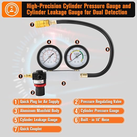 Cylinder Leak Down Tester Kit with Extension Rod for Gasoline Engines – Automotive Compression Leakage Tester for Cars, Trucks, Motorcycles, Pressure Check, Leakage Rate Test