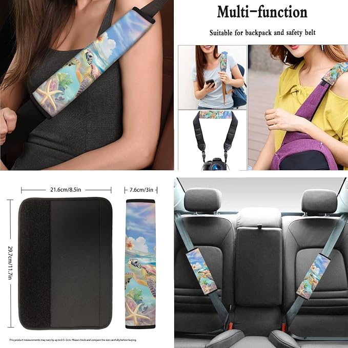 AFPANQZ Sea Turtle Tropical Flower Car Seat Covers with Steering Wheel Cover, Seat Belt Shoulder Pads, Cup Holder Coasters, Gear Shift Knob and Handbrake Protector Cushion Full Set of 11 for Women