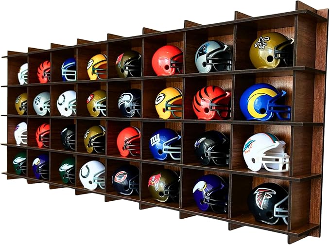 32 Mini Helmet Display Case,Mini Football Helmets,Football Helmet Display Case,Mini Football Helmet Shelf (Walnut)