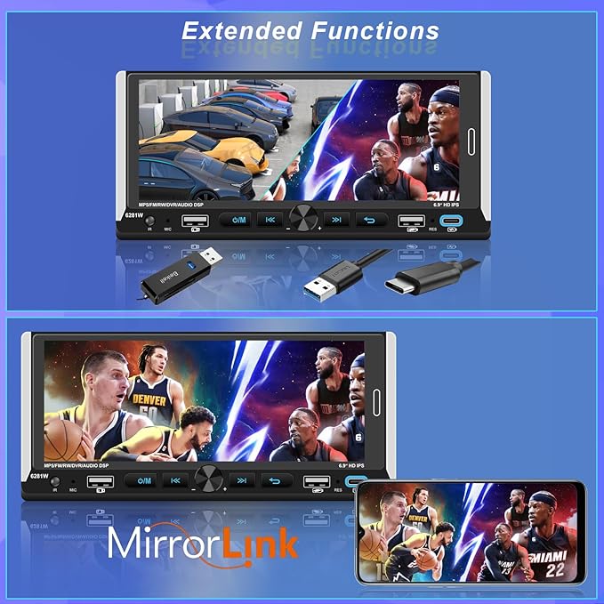 Wireless Apple CarPlay, Single DIN Car Radio, Car Stereo with 6.86" HD IPS Touchscreen, Bluetooth 5.2, Android Auto, Dual USB & Fast Charging, Backup Camera, FM Radio, DSP EQ Audio Subwoofer