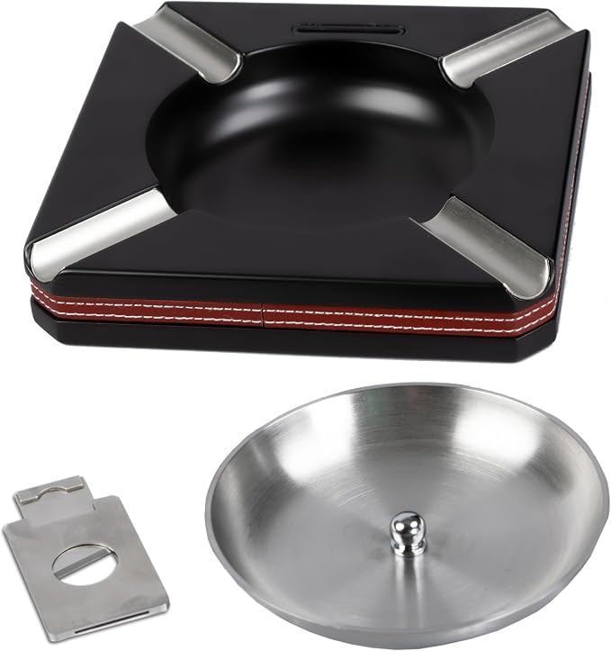 Leather Motif Trim 4 Cigar Ashtray with On-Board Guillotine Cutter - Color: Black & Burgundy Red