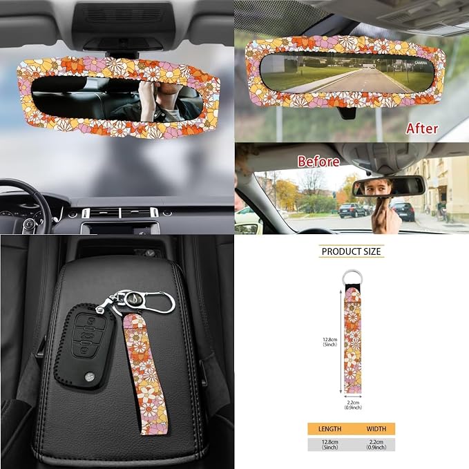 Wanyint Hippie Flower Daisy Car Seat Covers Front Back Seats Set of 15, Steering Wheel Cover Seatbelt Cushion Pad Trash Bin Air Vent Pocket Rearview Mirror Cover Cup Holder Key Chain Car Accessories