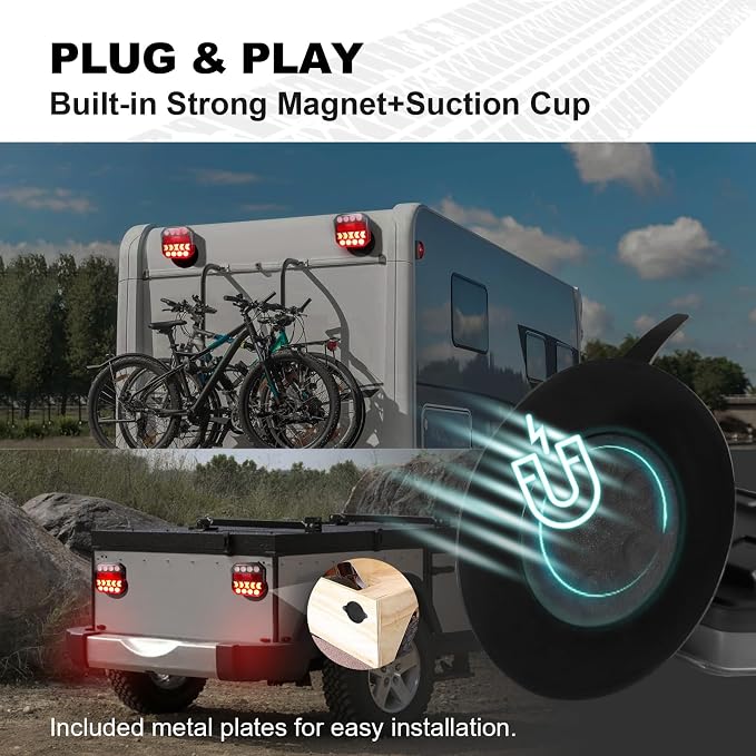 NeaLia Wireless Trailer Lights 110° Rotatable, Magnetic LED Tail Light for Towing Truck, Rechargeable Tow Light for Boat RV Camper Caravan Car Turn Signal Kit Brake Reverse Stop, IP67 Waterproof