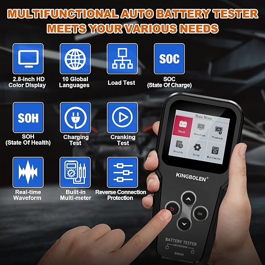 KINGBOLEN BM520 6V 12V 24V Car Battery Tester, 100-2000 CCA Automotive Load Tester Accurate Digital Auto Battery Analyzer Cranking and Charging System Tester for Cars Trucks SUV Motorcycle