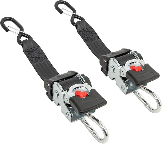 PowerTye - 2 inch x 6ft Long Retractable Ratchet Tie Down Strap with Carabiner and Latch-Hook - Self-Retracting Ratchet, 800 lb W.L.L., Ideal for Motorcycle, ATV, Cargo, Boats, Black (Pair)