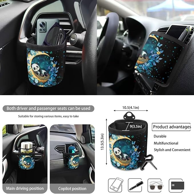 Panda Moon Floral Pattern Car Seat Covers Full Set, 10 Pcs Waterproof Car Accessories Steering Wheel Cover Car Trash Bin Keychain Cup Coasters Air Vent Storage Box for Women Men