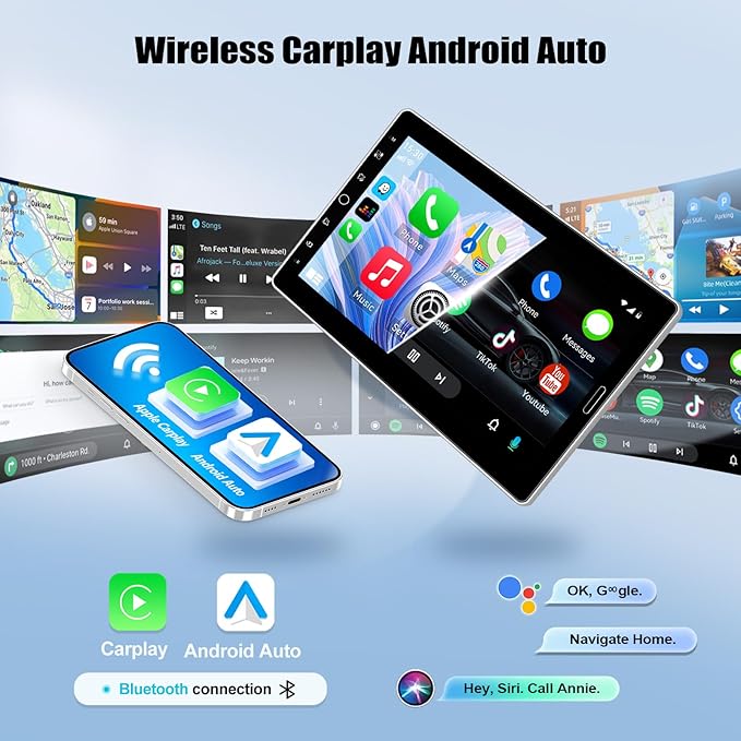 Single Din Car Stereo with Wireless Carplay Android Auto 10.1 Inch IPS Touchscreen Car Radio with Mirror Link Bluetooth 5.2 Handsfree FM RDS EQ USB SWC Car Audio Receiver Backup Camera