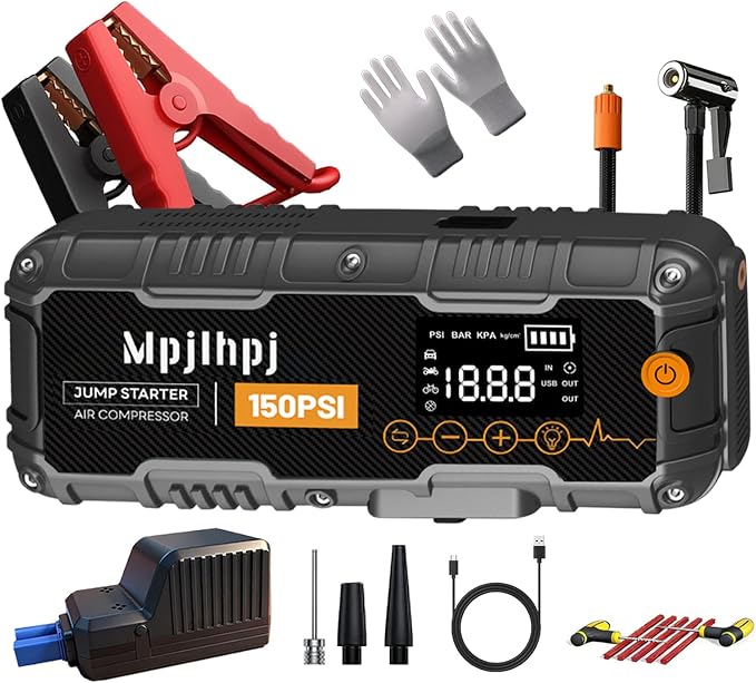 Jump Starter with Air Compressor, 4000A Portable Car Battery Jump Starter (10L Gas/8L Diesel), 12V Jump Pack with 150PSI Auto-Shutoff Tire Inflator, LED Light, Gloves & Car Emergency Kit