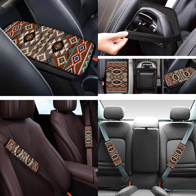 Brown Aztec 12 Pcs Car Seat Covers with Steering Wheel Cover,Seat Belt Covers Cup Holder with Keychain Novelty Automotive Protector Set Universal Fit Automotive Most Cars