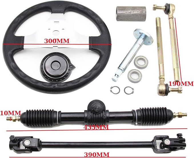 PRO BAT 300mm/11.8'' Steering Wheel Steel Kit 420mm/16.5'' Gear Rack Pinion Adjustable Shaft Set Replacement for 50cc 70cc 90cc 110cc 125cc 140cc 150cc Go Kart Cart Golf UTV Buggy