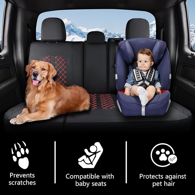 Truckiipa F150 Seat Covers Full Set Leather Waterproof Car Seat Cover Seat Protector Custom Fit for 2015-2026 Ford F150 SuperCrew, 2017-2026 F250 F350 F450 Super Duty Crew Cab, Full Set, Black&Red