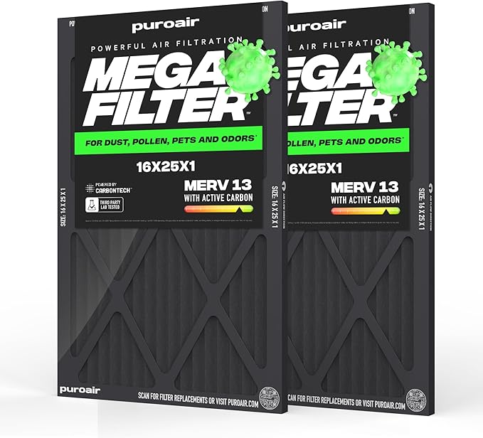 PuroAir MegaFilter - 16x25x1 Air Filter MERV 13 Activated CarbonTech Defense - Heavy Duty 3 Layer Furnace Filters Allergens, Pollen, Dust, Pet Dander, Smoke, Odors - HVAC Air Filter 16x25x1 (2-Pack)