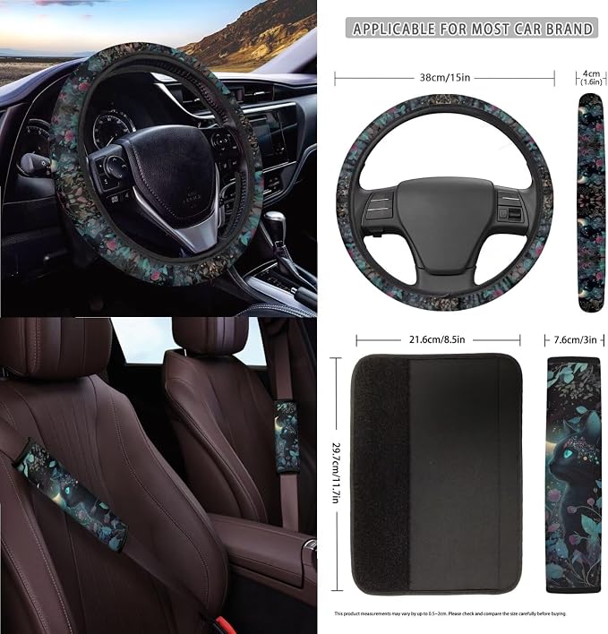 Black Cat Print Car Seat Covers Full Set with Accessories Moon Flower Print Car Front and Rear Seat Covers Steering Wheel Cover Safety Belt Pads Inside Rearview Mirror Cover