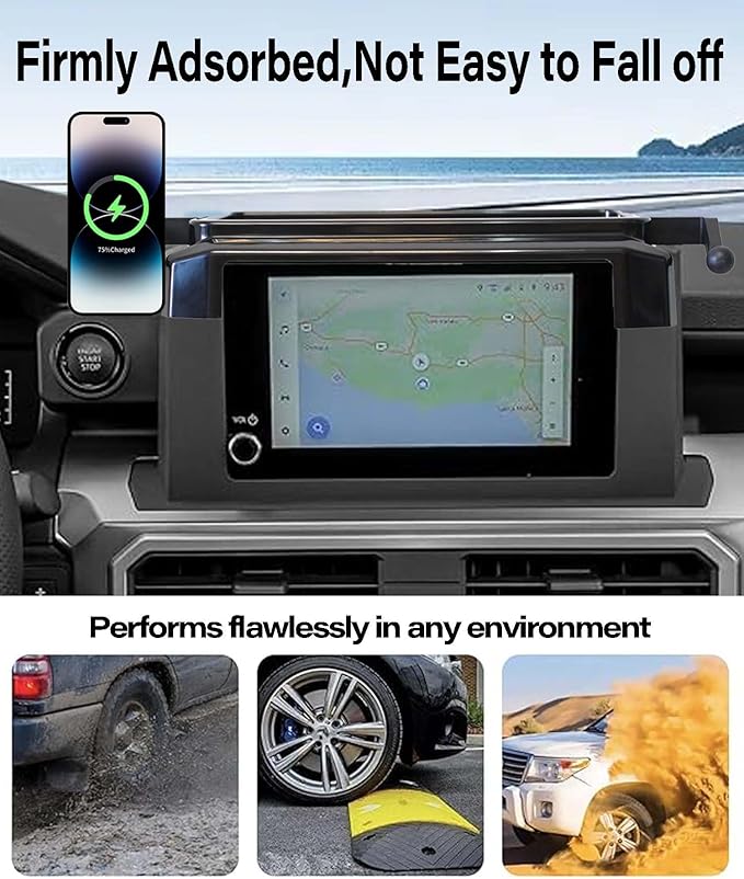 Car Phone Holder for Toyota Tacoma 2024 2025 Accessories Apply to 8 Inch Touch Screen 15W Fast Wireless Charger Screen Fixed Clip Cell Phone Mount with Dashboard Storage Tray