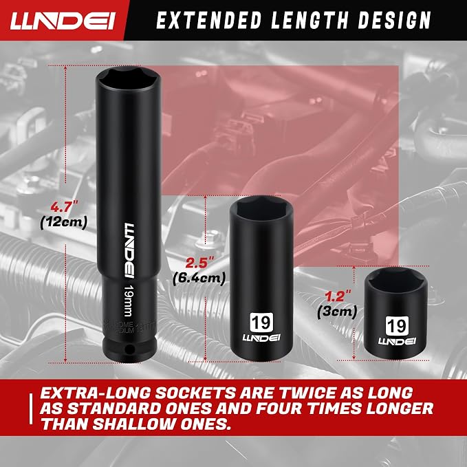 LLNDEI 14PCS 3/8″ Drive Impact Deep Well Socket Set Metric, Extra Long Reach 6-19mm, 6-Point Weighted Deep Impact Sockets for Auto Engine & Motorcycle Repair, Cr-V Steel with Black Oxide Coating