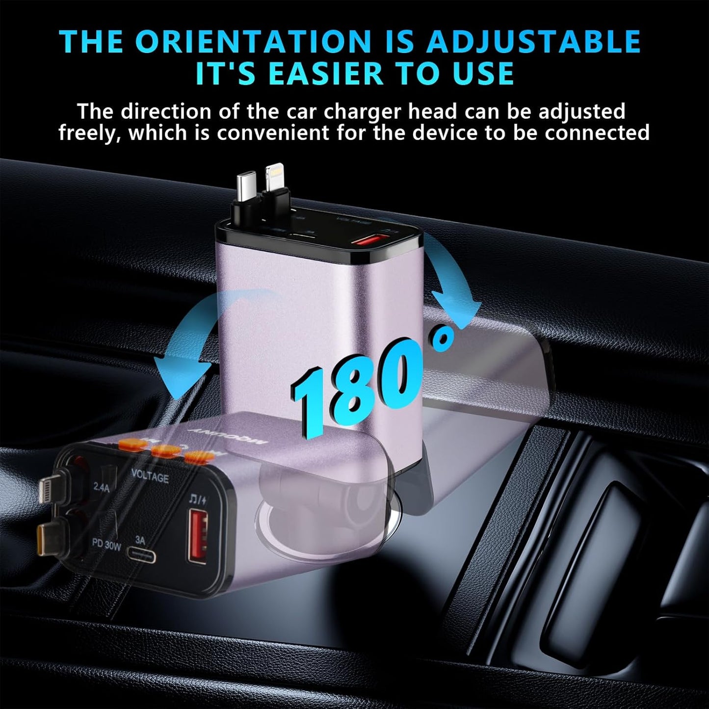 Retractable Car Charger,5 in 1 Fast Cars Phone Charger 60w,Bluetooth 5.3 FM Transmitter Adapter,Handsfree Call,MP3 Player,2 Retractable Cables and USB Chargers, for Phone,Galaxy,Pixel (Purple)