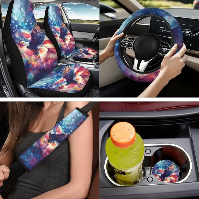 Bulopur American Flag Bald Eagle Auto Seat Covers with Matching Automotive Armrest Cover Center Console Cushion Car Seat Belt Shoulder Strap Covers Keychain Vehicle Interior Decor Set