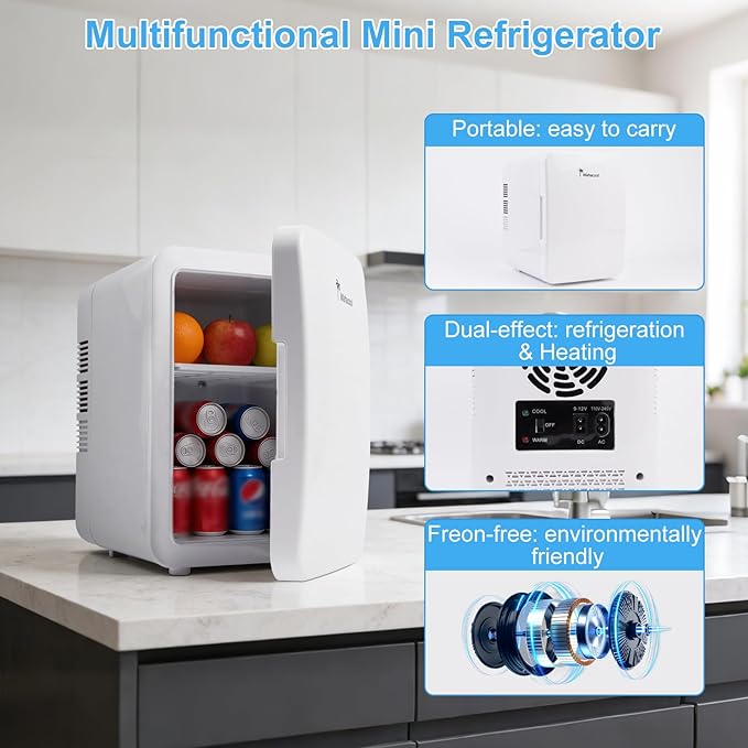 Mini Fridge, 6L/8 Can Portable Personal Refrigerator - Cooler and Warmer, Ideal for Car Use and for Skin Care, Cosmetics, Beverage, Food,Great for Bedroom, Office, Dorm