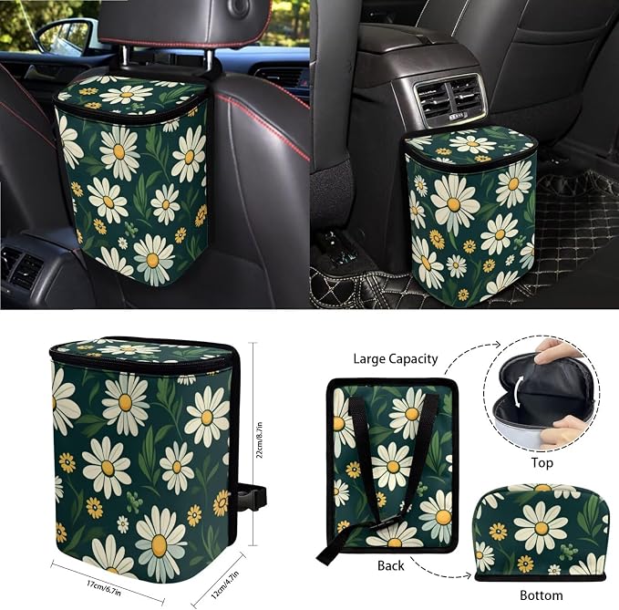 Daisy Print Car Seat Cover Sets for Women Full Set, Universal Front and Rear Split Bench Seat Cover with Steering Wheel Cover Safety Belt Pads Garbage Bag Car Air Vent Organizer