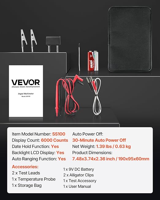 VEVOR Digital Multimeter, 6000-Count TRMS DC/AC Voltmeter Current Tester, Auto-Ranging Multimeter for Current Voltage Resistance Capacitance Temperature Diodes Continuity Low Impedance Measurment