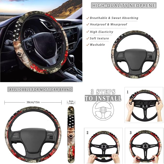 Suobstales Deer American Flag Camo Print Car Accessories Car Seat Covers Full Set of 11, Auto Interior Cover Seat Protector with Steering Wheel Cover, Seat Belt Pads, Coaster, Keychains