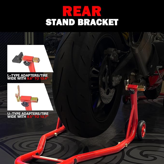 MOTO4U Motorcycle Stands Front and Rear, Front Rear Combo Stand Universal Wheel Lift Stand Swingarm Spool Lift Stand Paddock Stand Red