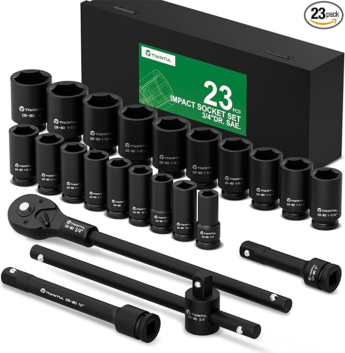 3/4" Drive Deep Impact Socket Set, 23 Pcs SAE Sizes 3/4" to 2" | 24T Ratchet Wrench, 18" Sliding T-Bar & Extension Bars, CR-MO Steel, Heavy Duty Impact Socket for Truck & Equipment Repair